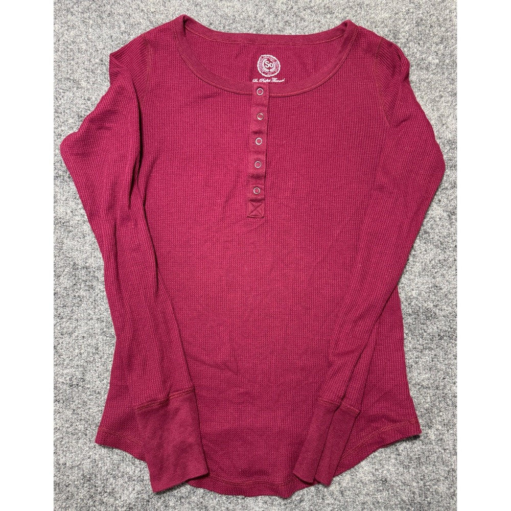 SO Womens S Maroon Waffle Knit Henley Shirt Long Sleeve Thermal Burgundy Top